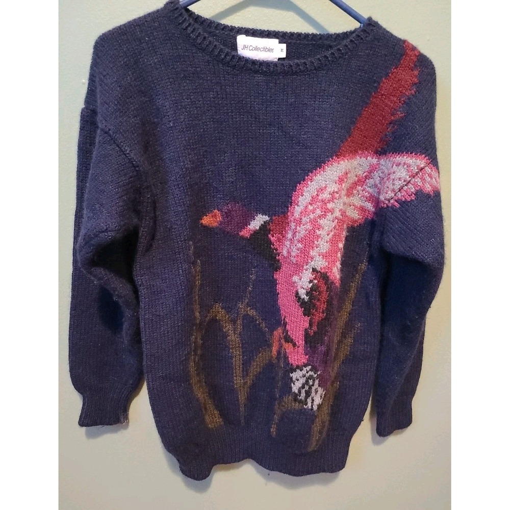 J.H. Collectibles Women's Lrg 100% Wool Sweater Vibrant Duck Flying Out Of Marsh